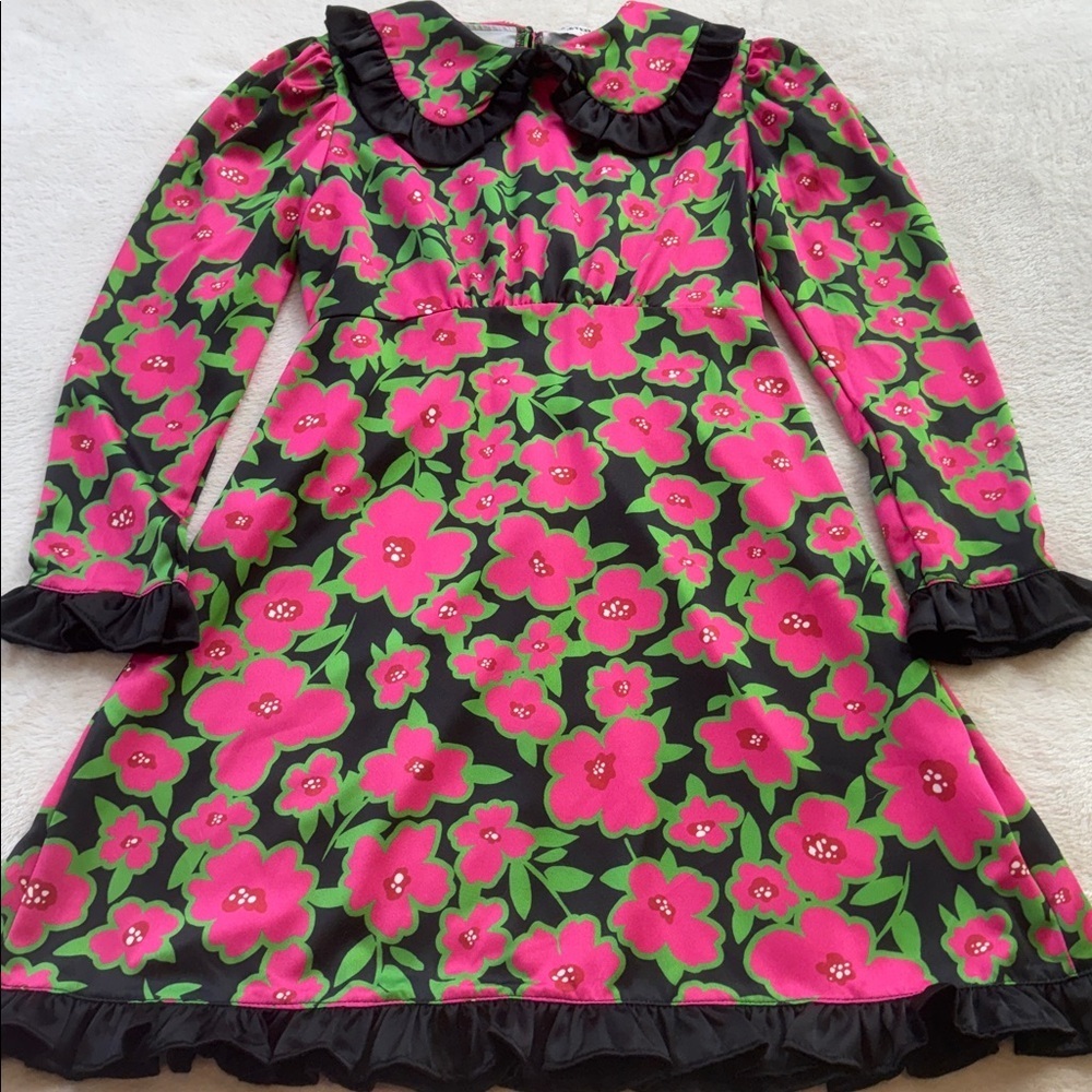 Asos Twisted Wunder Pink & Black Floral Print Bib Collar Long Sleeve Dress - Picture 11 of 15
